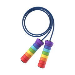 A vibrant blue jump rope featuring rainbow colored handles, isolated against a solid black background