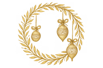 Golden olive branches forming circular wreath with hanging vintage christmas ornaments, festive holiday season watercolor art