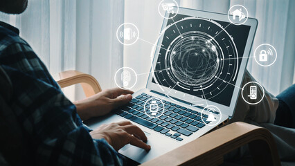 Home security icons show smart home, surveillance, and safety devices. Home security ensures...