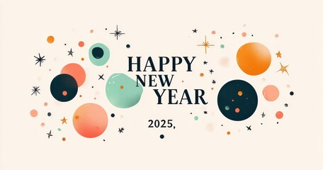 Retro style happy new year 2025 design featuring colorful spheres and star patterns on a light background