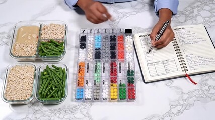overhead meal prep with pill organizer: hands sorting colorful weekly pills beside glass containers of rice and green beans, open notebook planner with pen on marble countertop, neat compartments,