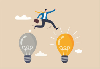 Business transformation, change management or transition to better innovative company, improvement and adaptation to new normal concept, smart businessman jump from old to new shiny lightbulb idea.