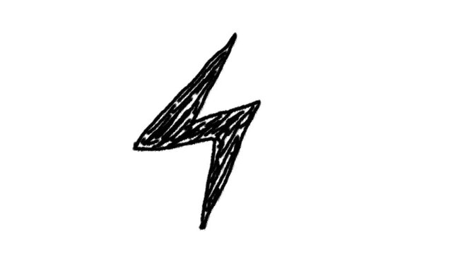 Thick black rough scribble lightning bolt symbol in the middle of a white background, Stop motion animation of fast moving handwritten electric energy effect