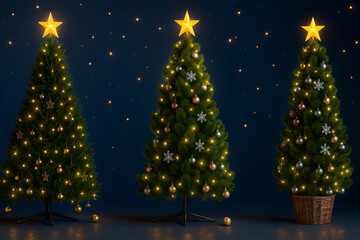 Christmas Trees with Lights and Ornaments on Dark Blue Background