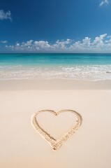 A peaceful beach scene featuring a heart shape drawn in soft white sand, with gentle turquoise waves rolling in the background