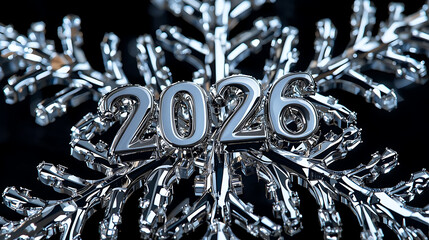 Silver "2026" on Reflective Snowflake Close-Up