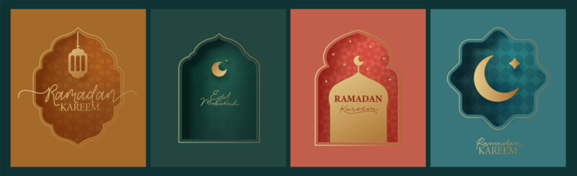 Islamic, oriental frame, silhouette. Geometric arab backgrounds. Ramadan Kareem concept. Mosque, moon, stars, ornaments, patterns, calligraphic sign. Paper cut style. Bright colorful vector design