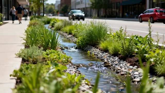 Medium shot of a bioswale along a city street showing vegetation filtering runoff water with pedestrians and light traffic nearby emphasizing ecofriendly design.