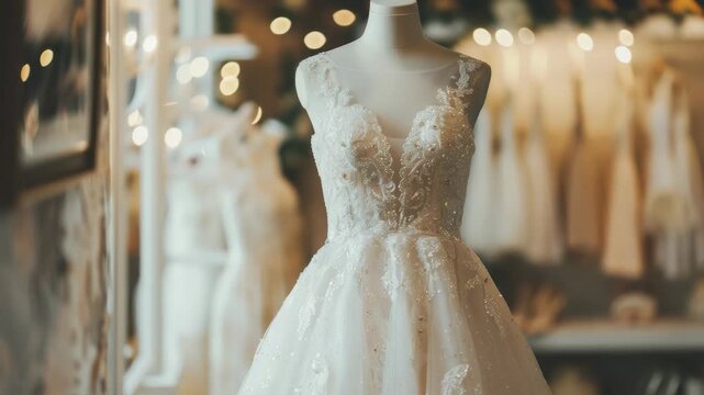 Video A wedding dress on display at a store, ideal for commercial or editorial use