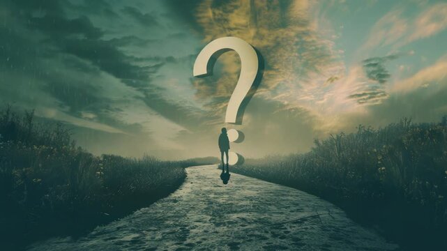 Video A person stands at the edge of a road, marked by a question mark, contemplating their next step