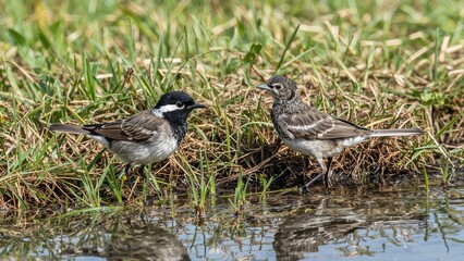 Two birds standing in the water near grass, with one bird on the left and the other on the right.