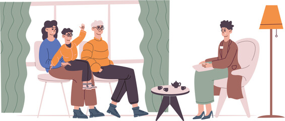 Kid psychologist session. Parents and child at counseling meeting