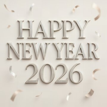 Elegant "Happy New Year 2026" Metallic Typography with Confetti on Soft Background