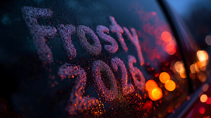 "Frosty 2026" Etched on Car Window with Bokeh Lights