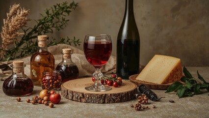 Assorted bottles of wine and spirits, a glass of red wine, a wine bottle, cheese block, and fresh herbs and spices arranged on a rustic surface.
