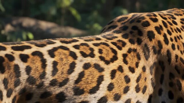 Close up of a jaguar's spotted fur pattern in a lush green forest during daylight showing its iconic rosette markings with sunlight dappling the background creating a natural camouflage texture