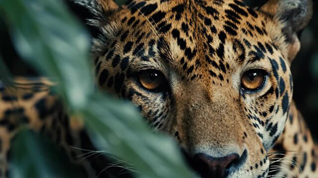 Close Up Of A Jaguar With Amber Eyes Peeking Through Lush Green Jungle Foliage In Natural Sunlight