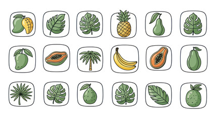 Colorful tropical fruit icons set mango pineapple palm and banana