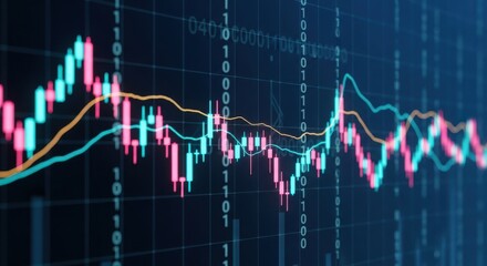 Complex financial charts and binary code create a dynamic visualization of market data.