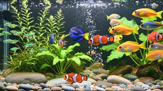 Vibrant freshwater aquarium scene with colorful fish, green plants, smooth rocks, and gentle bubbles. Glowing