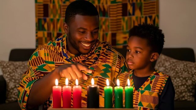 Young Kwanzaa boy and man light kinara candles, celebrating the Kwanzaa tradition and passing on cultural heritage.