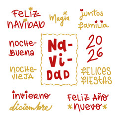 Hand drawn Christmas lettering set in Spanish. Red and gold. Vector illustration, flat design