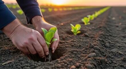 Hands carefully plant a small lettuce seedling into the earth, symbolizing new life.