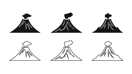 Simple illustrations of volcanoes both filled and outlined in a row