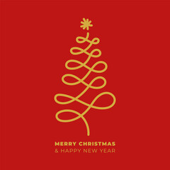 Merry Christmas and Happy New Year postcard. Hand drawn tree. Vector illustration, flat design