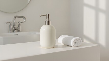 Fototapeta premium A white soap dispenser and rolled towel placed on a bathroom counter next to a sink with a mirror and silver faucet.