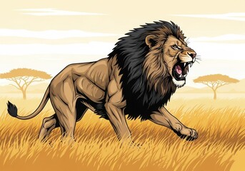 Obraz premium A vibrant illustration depicts a roaring lion in its natural African savanna habitat.