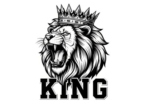 A striking black and white illustration of a roaring lion wearing a crown, labeled 'king'.