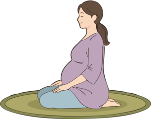 A calm flat-style illustration shows a pregnant woman sitting in a kneeling yoga pose with eyes closed, practicing prenatal meditation on a mat.