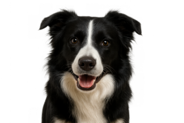 Border collie dog headshot with black and white fur, looking happy, smiling, and panting, on a transparent background