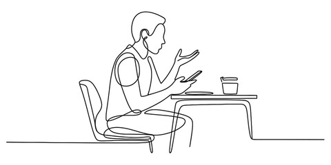 Simple black and white continuous line art depicting a man gesturing while using a mobile phone Vector, illustration