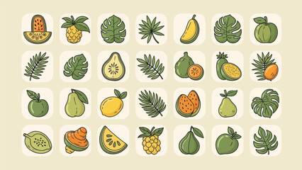 Colorful tropical fruits and leaves in vector style on light background