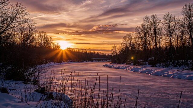Sunset over a snowy river landscape in 1998.