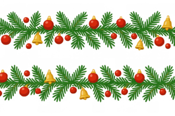 Christmas garland seamless pattern with pine branches, red ornaments, and golden bells, festive holiday decoration background