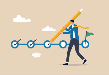 Project tracking, goal tracker, task completion or checklist to remind project progress concept, businessman project manager holding big pencil to check completed tasks in project management timeline.