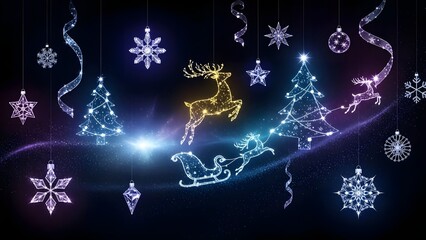Magical christmas scene featuring illuminated reindeer trees and snowflakes hanging from above