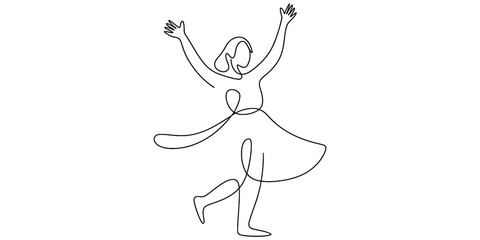 Continuous line drawing of a joyful woman dancing with arms raised high Vector, illustration