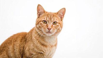 A close-up portrait of an orange tabby cat with green eyes against a plain white background.