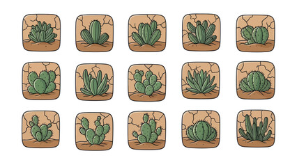 Cartoon cactus icons set on cracked earth squares graphic design elements