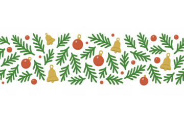 Christmas horizontal border with pine tree branches, golden bells, and red baubles, seamless festive decoration