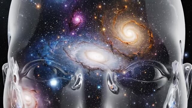 glass head filled with galaxy inside, conceptual portrait of cosmic mind glowing with nebula and spiral galaxies, reflective surface and dark starry background, symbolic intelligence and inner