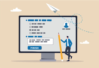 Online questionnaire survey, customer feedback choice or checklist, internet exam, opinion or comment, answer question, surveyor poll concept, man with pencil finish online questionnaire on computer