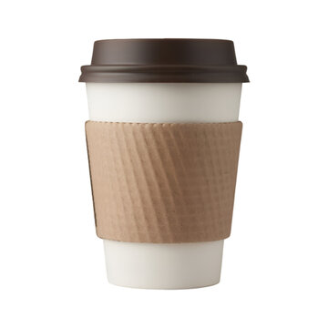 A white disposable coffee cup with a brown lid and corrugated cardboard sleeve for hot beverages