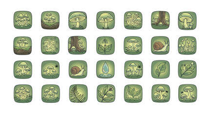 Cartoon mushrooms and nature icons set on green square backgrounds © jarkoni