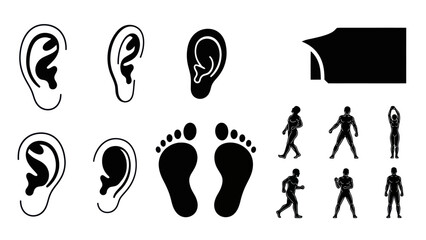 Collection of human body parts and figures in black and white vector style