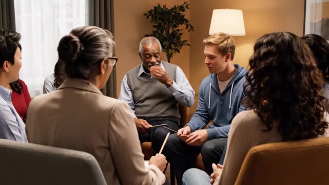 multiracial support group in livingroom adult participants sit in circle, counselor and peer coach lead empathetic conversation about recovery and wellbeing, warm lamp lighting and potted plant,